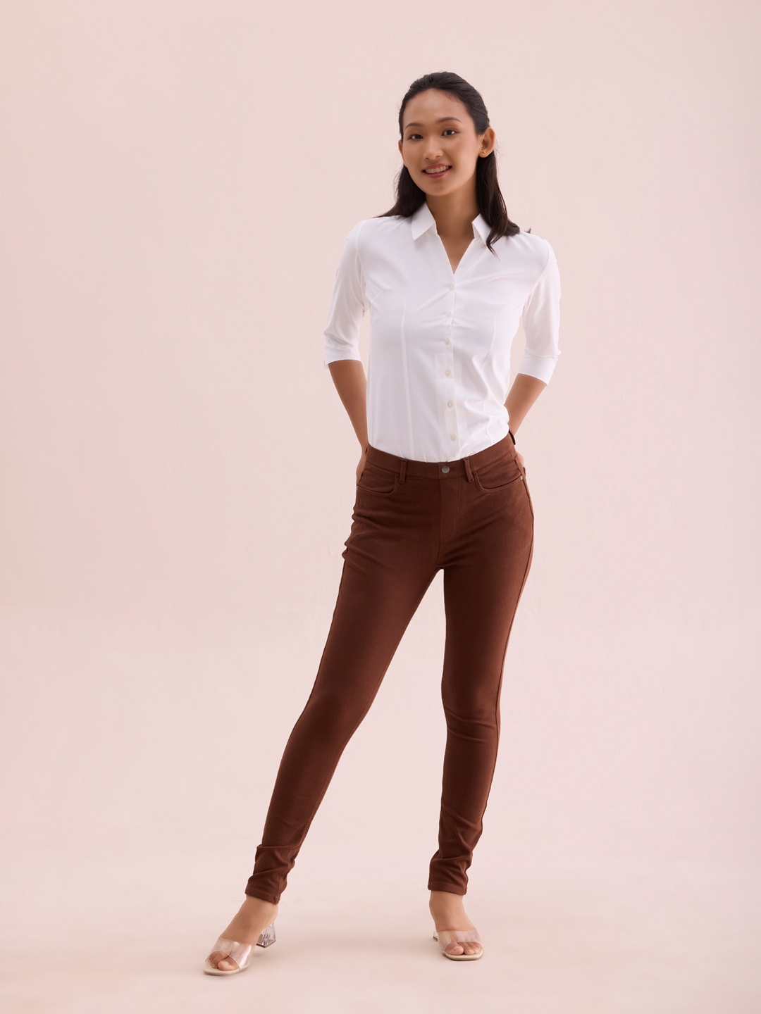 Go Colors Women Slim Fit Super Stretch Jeggings, Brown