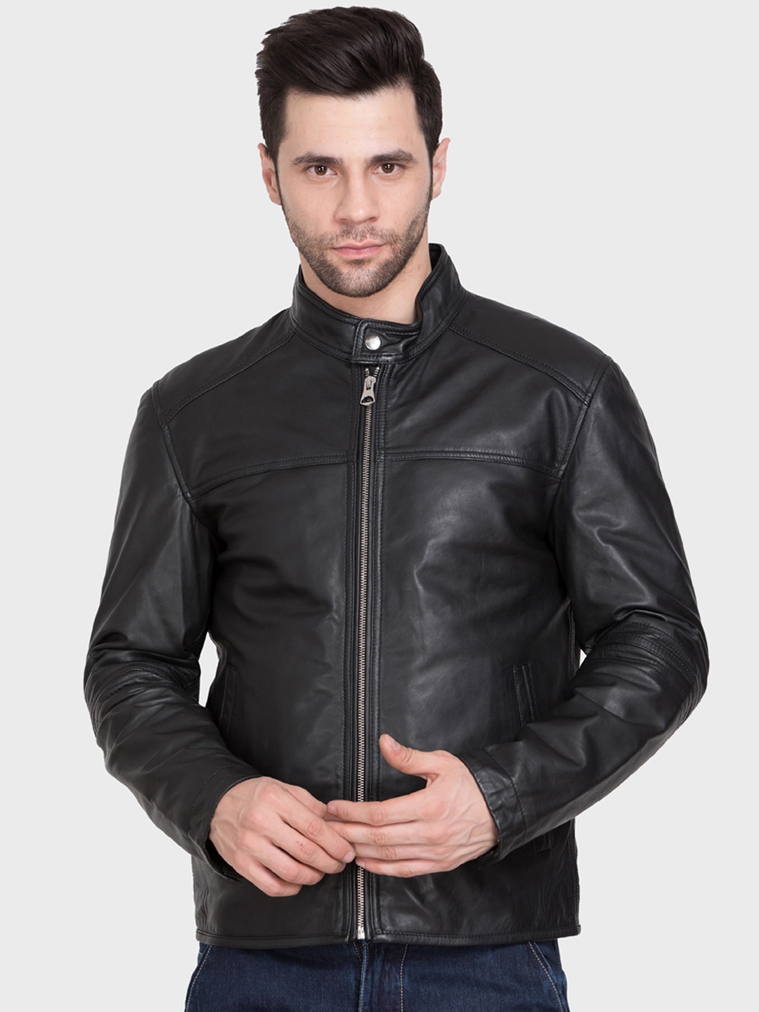 

Justanned Stand Collar Lightweight Leather Jacket, Black