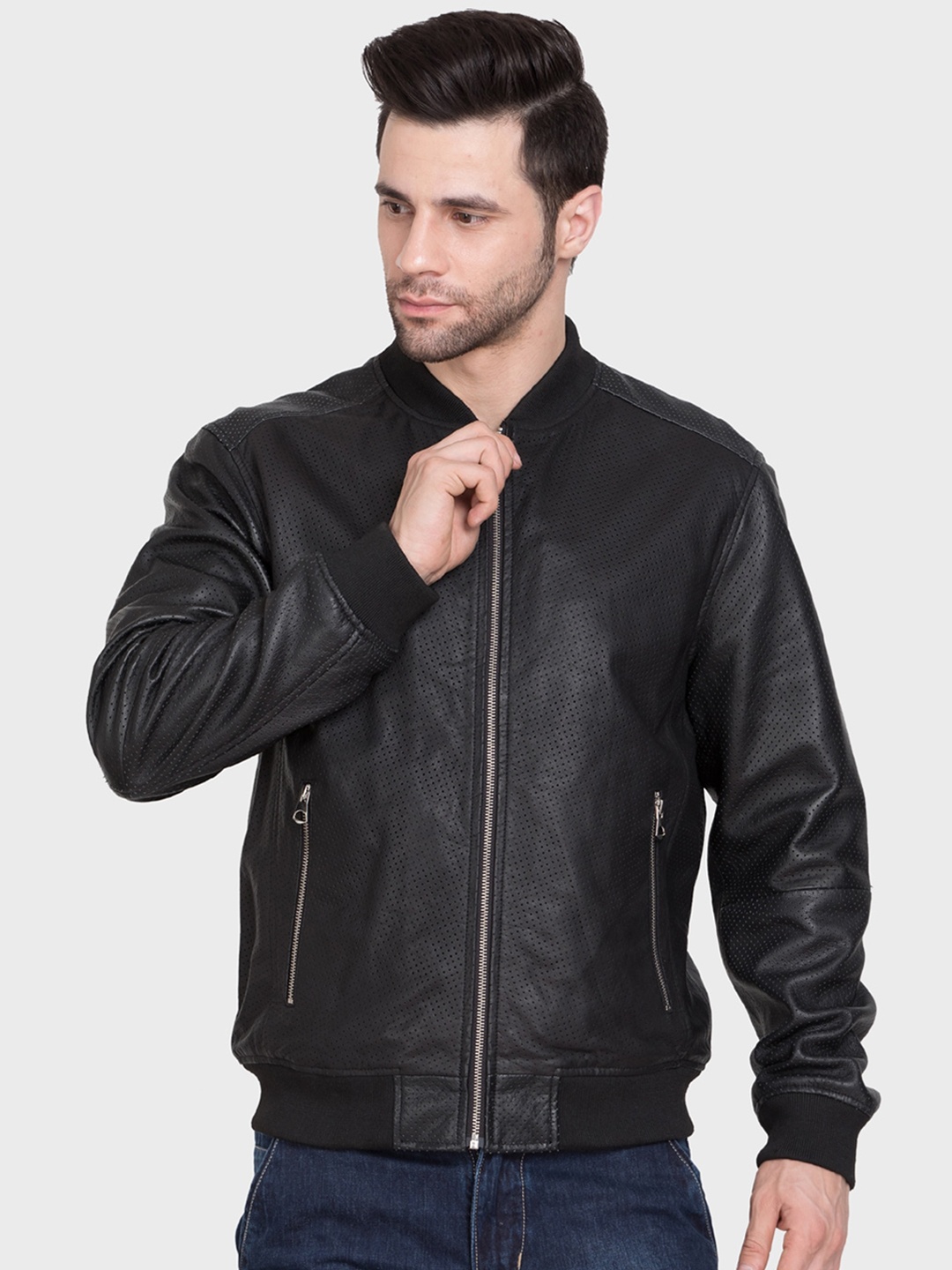 

Justanned Stand Collar Lightweight Leather Jacket, Black