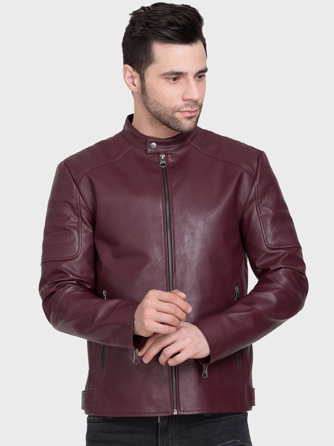 

Justanned Stand Collar Lightweight Biker Jacket, Maroon
