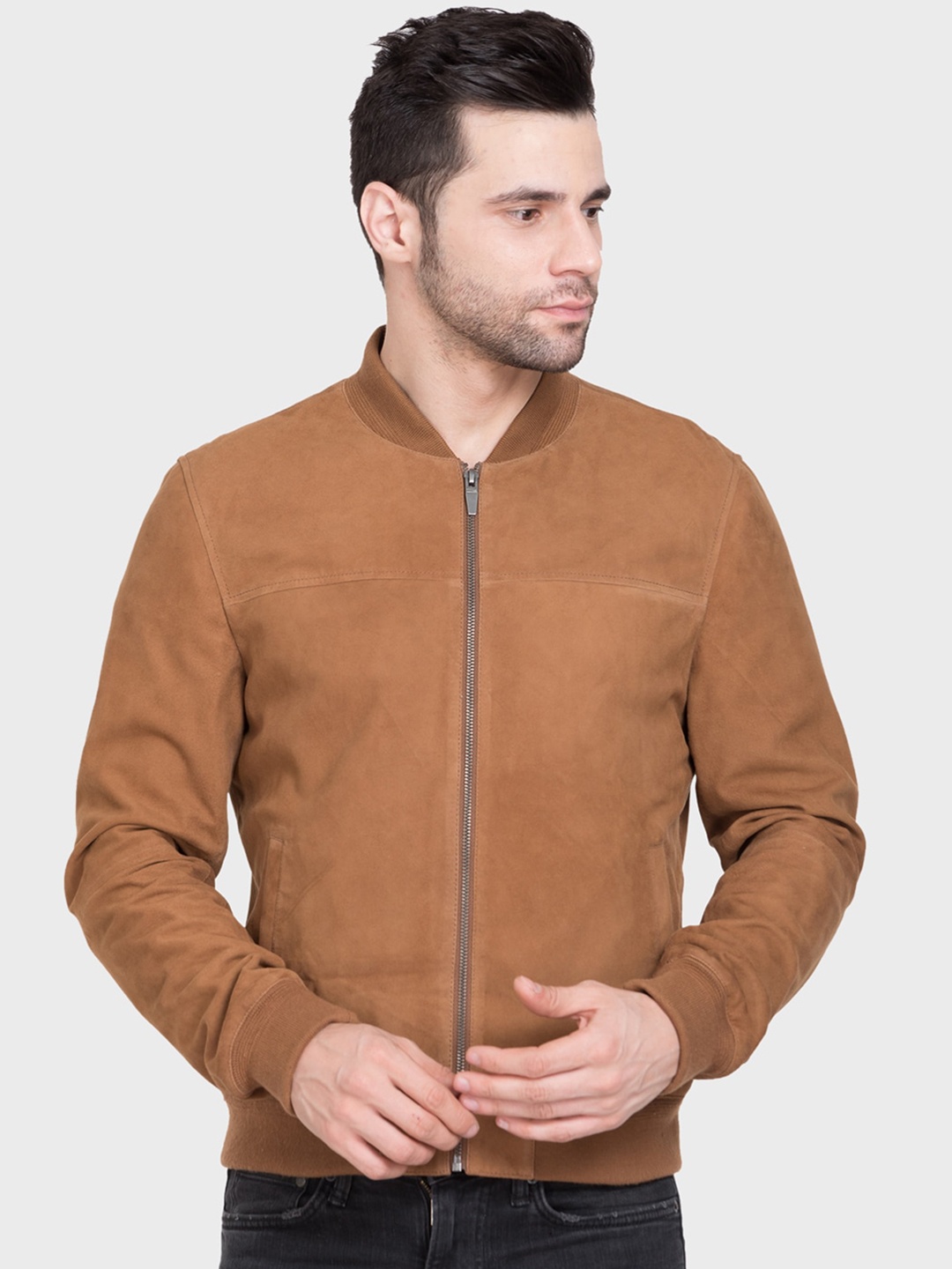 

Justanned Mock Collar Lightweight Leather Jacket, Tan