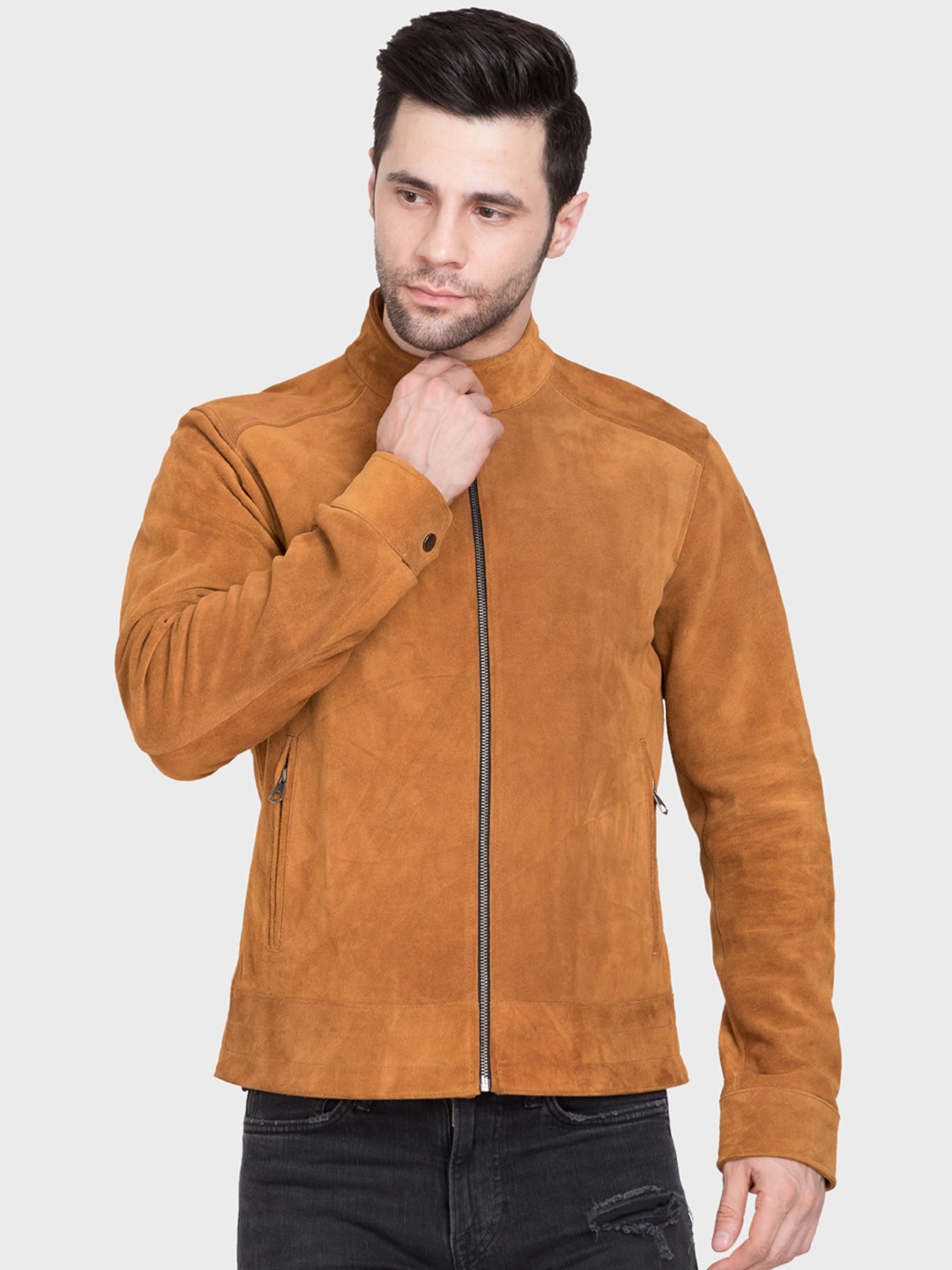 

Justanned Stand Collar Lightweight Leather Jacket, Tan