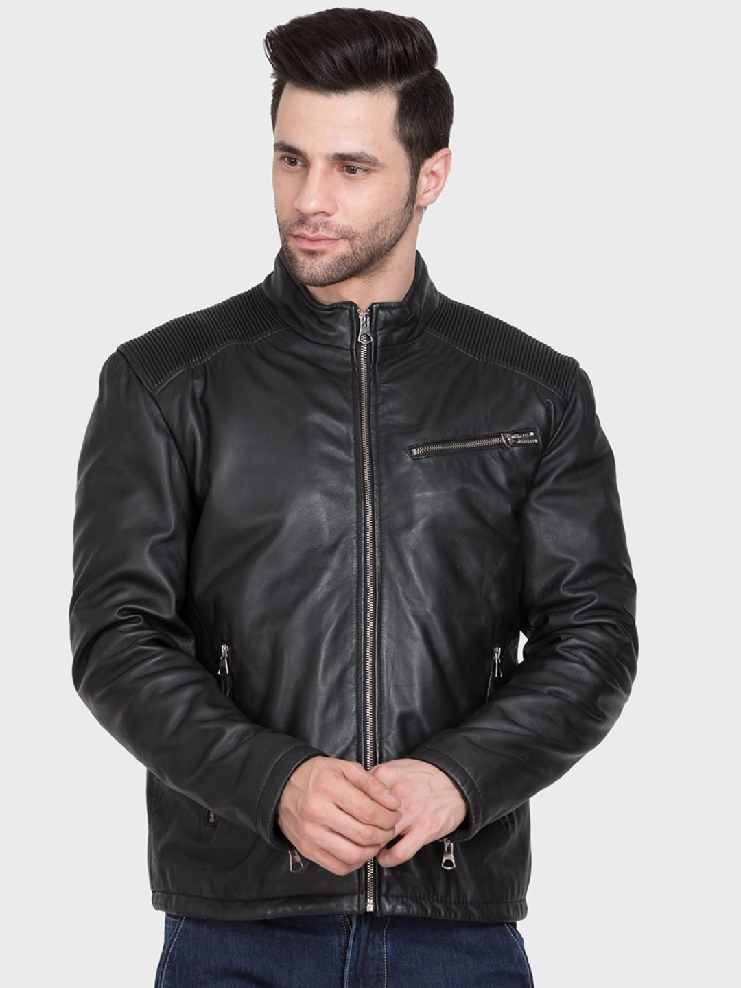 

Justanned Stand Collar Lightweight Leather Jacket, Black