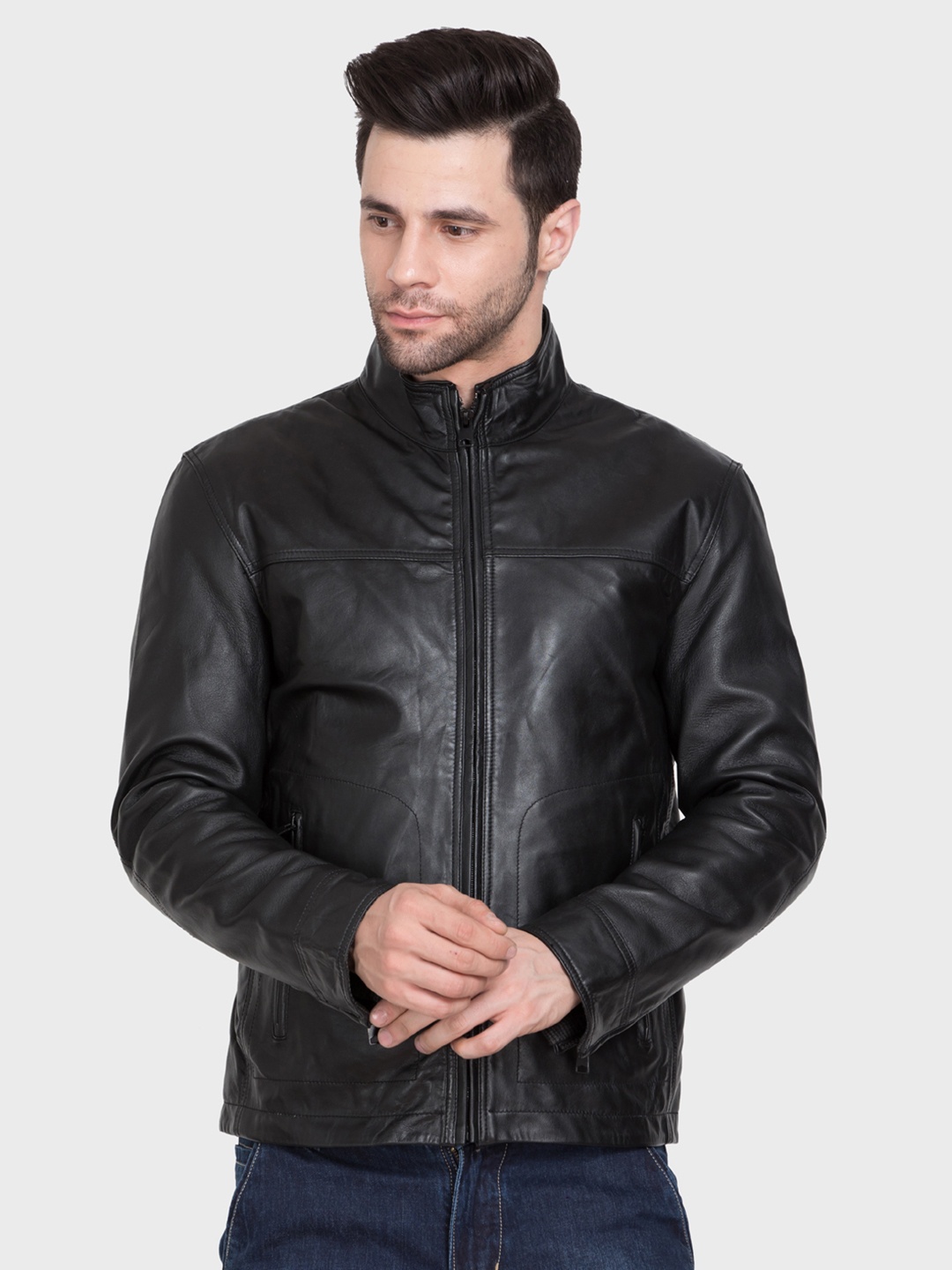 

Justanned Stand Collar Lightweight Leather Jacket, Black