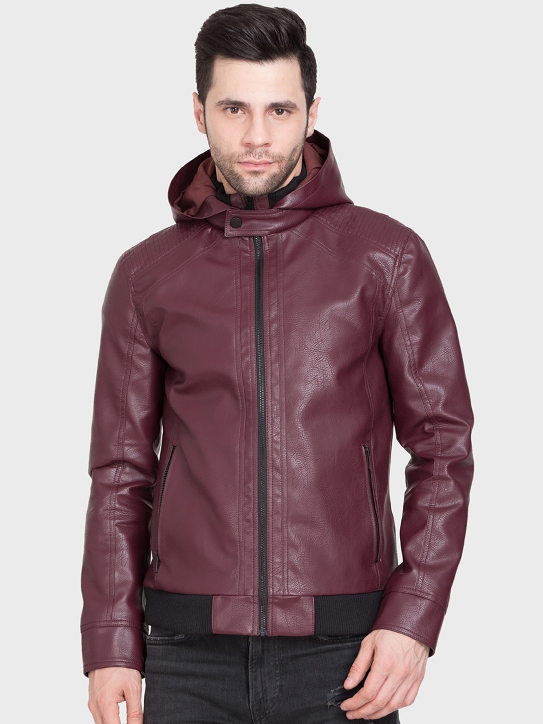 

Justanned Hooded Lightweight Faux Leather Jacket, Maroon