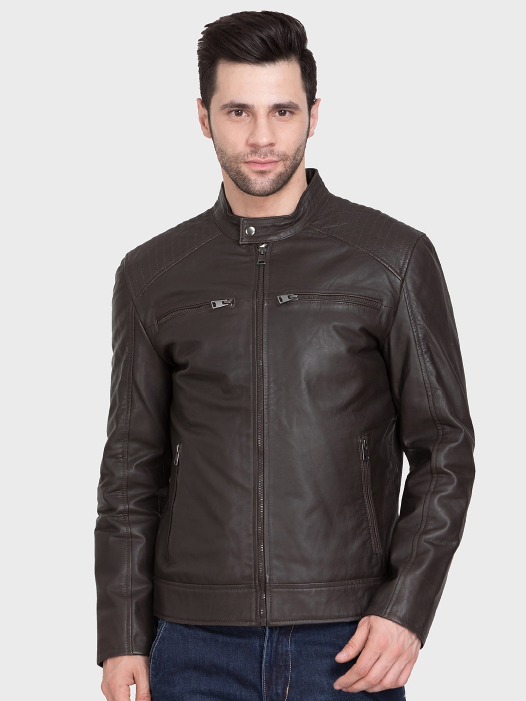 

Justanned Stand Collar Lightweight Leather Jacket, Black