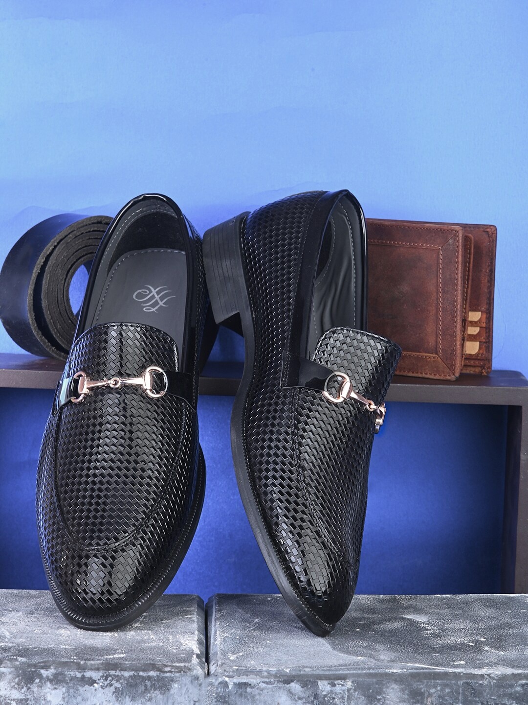 

House of Pataudi Men Textured Formal Horsebit Loafers, Black