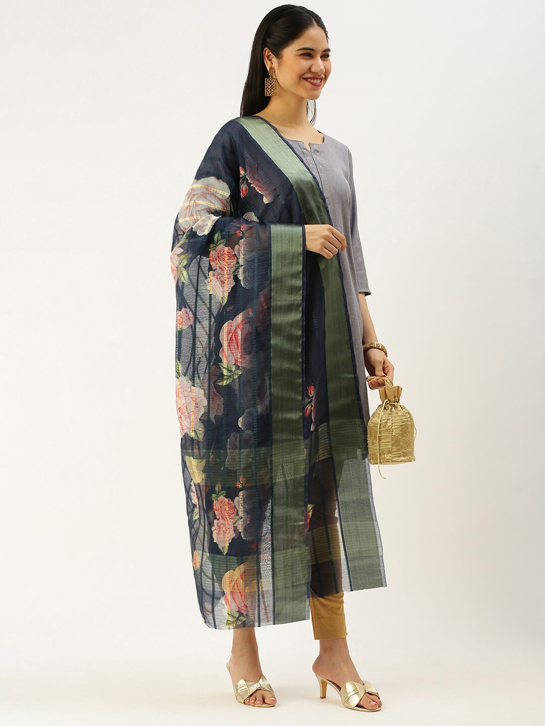 

Sanwara Floral Printed Zari Dupatta, Blue