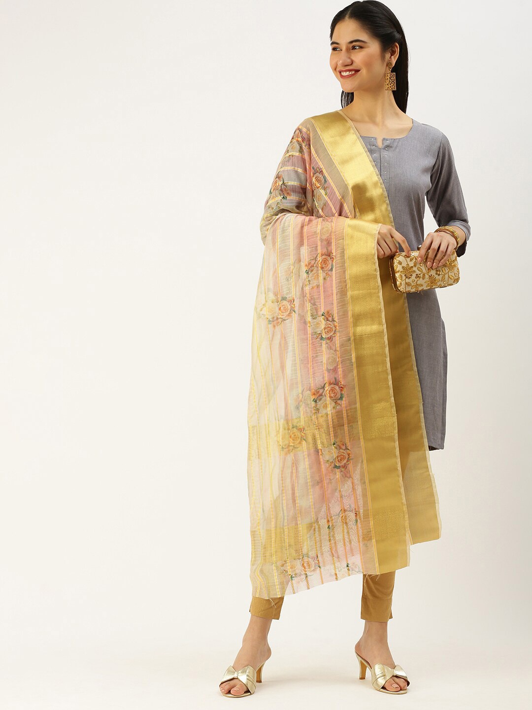 

Sanwara Floral Printed Zari Dupatta, Gold
