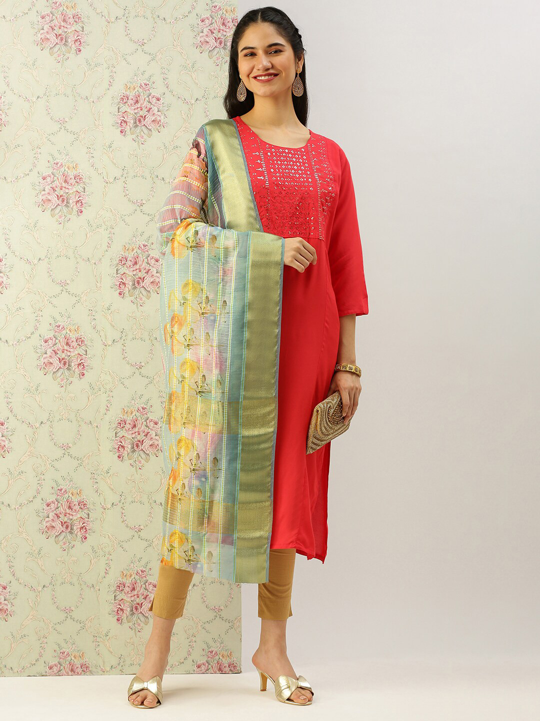 

Sanwara Floral Printed Zari Dupatta, Green