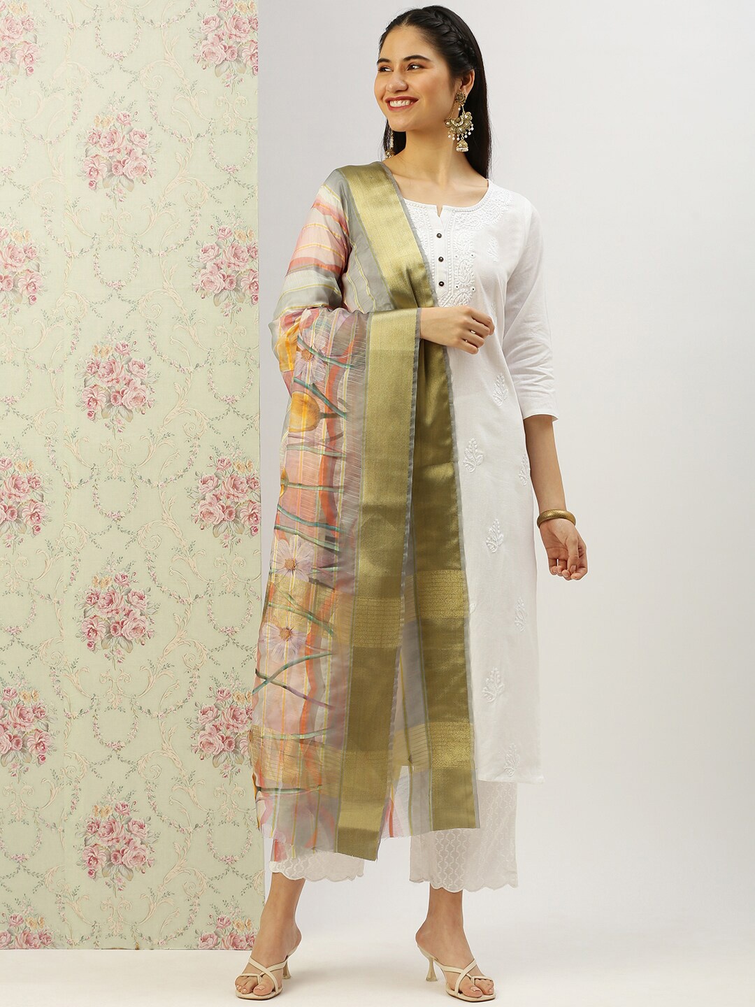 

Sanwara Floral Printed Zari Dupatta, Grey