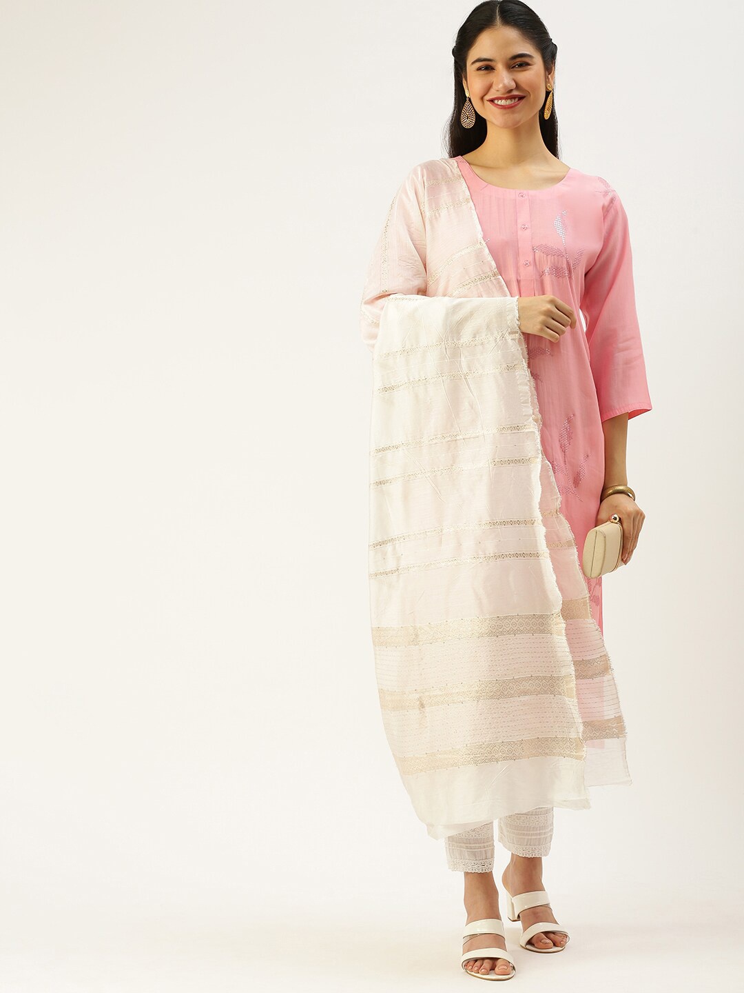 

Sanwara Women Striped Woven Design Zari Dupatta, White