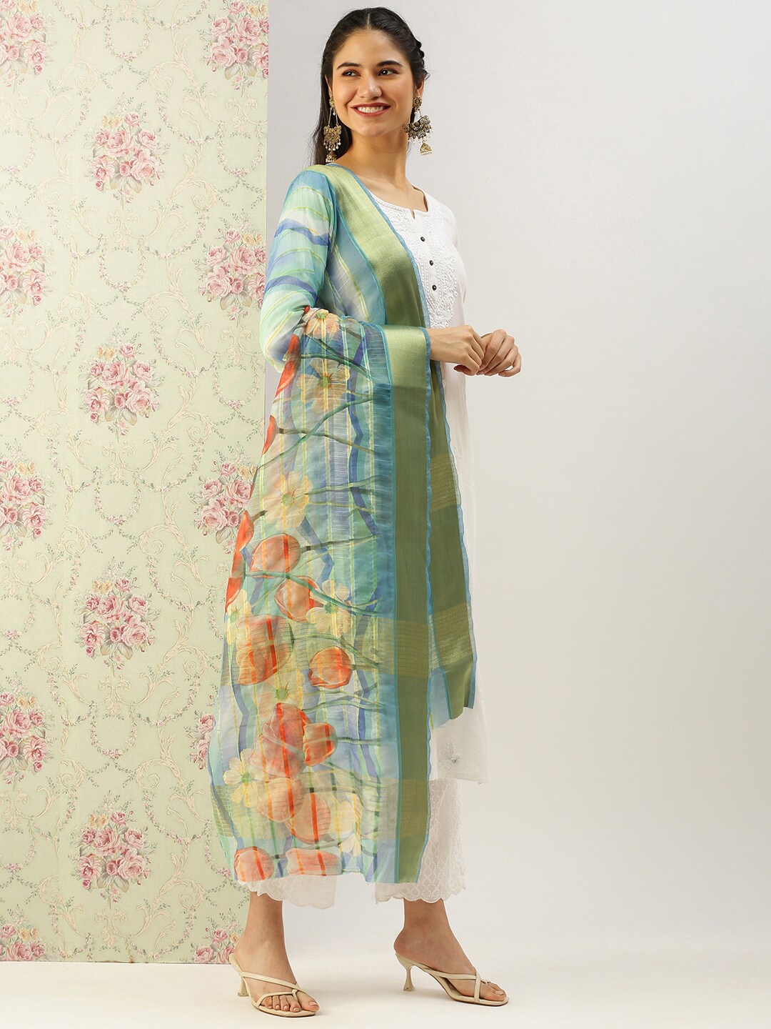 

Sanwara Floral Printed Zari Dupatta, Blue