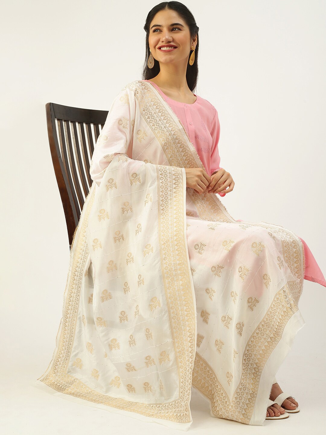 

Sanwara Floral Printed Zari Silk Dupatta, White