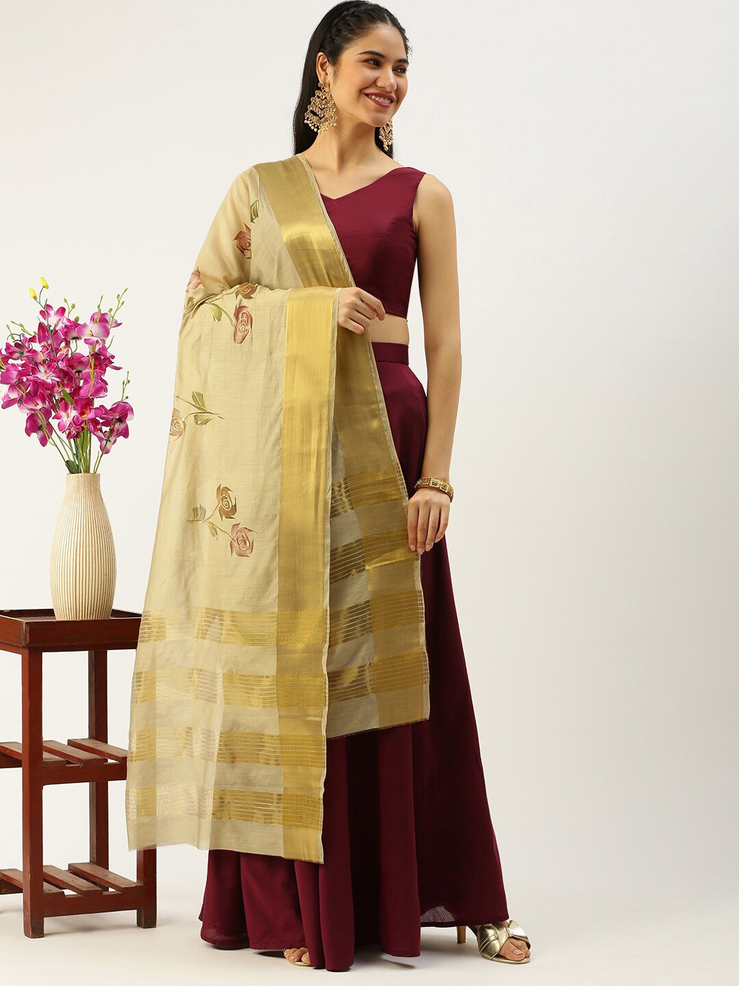 

Sanwara Floral Printed Zari Chanderi Dupatta, Green