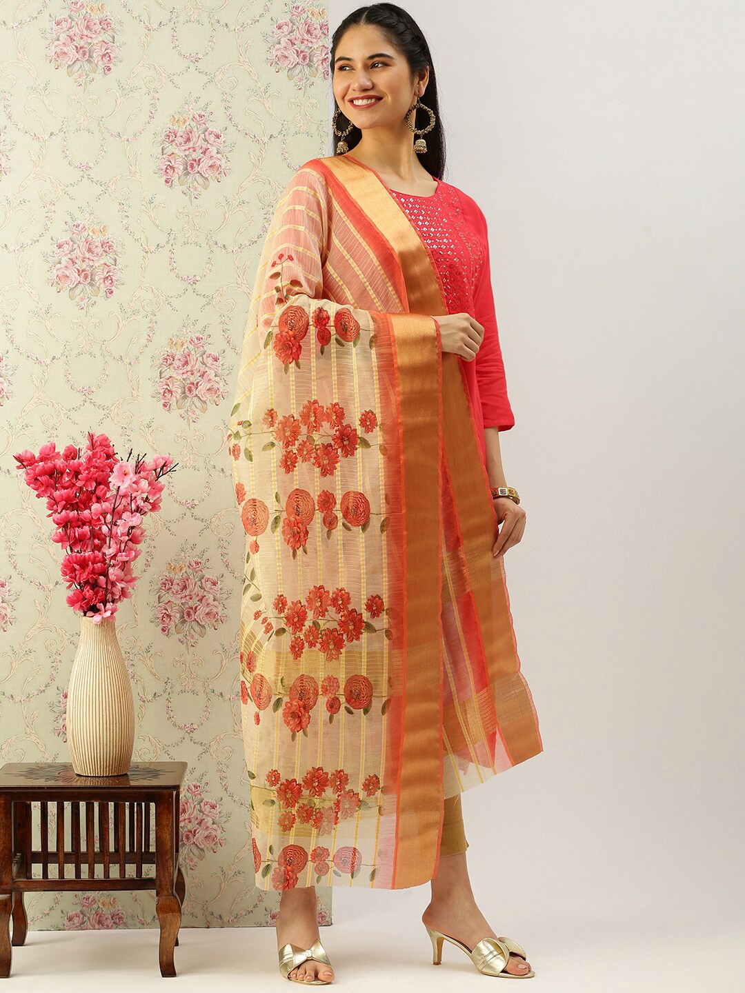 

Sanwara Floral Printed Zari Woven Design Border Dupatta, Orange