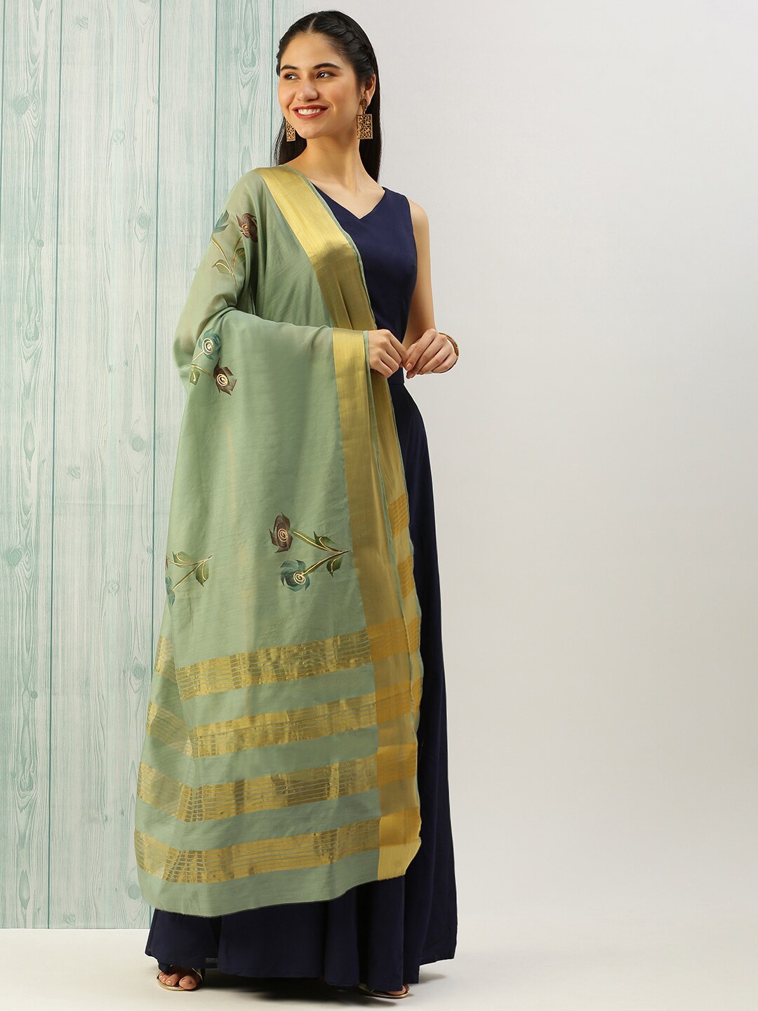 

Sanwara Floral Printed Zari Chanderi Dupatta, Green