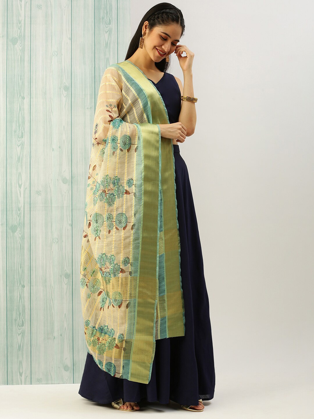 

Sanwara Floral Printed Zari Dupatta, Green