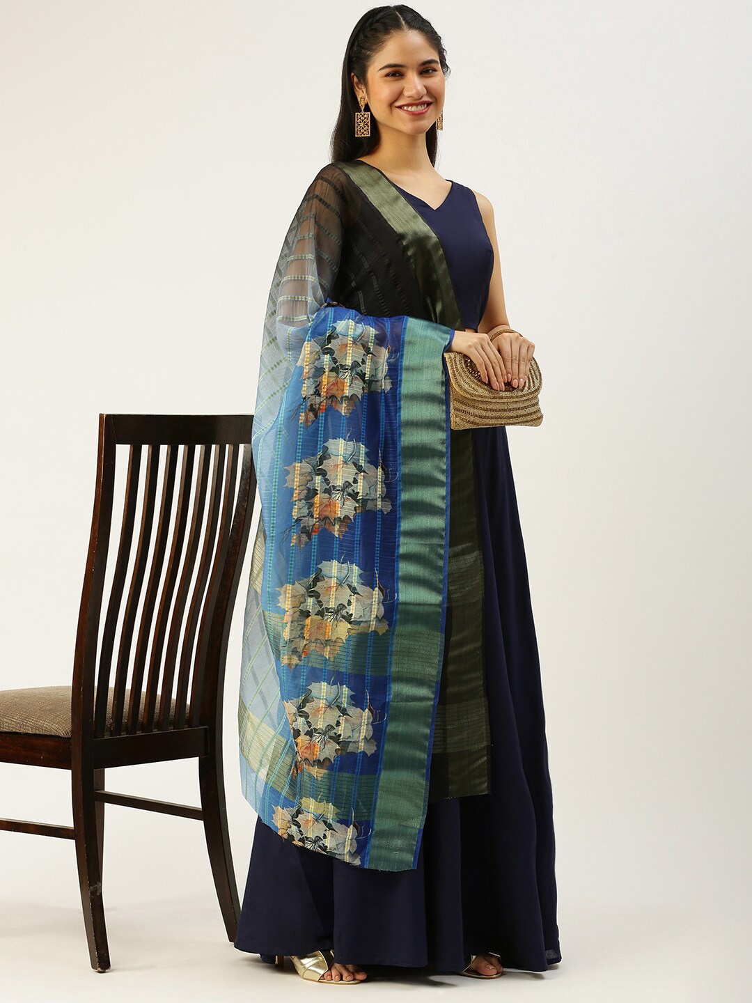 

Sanwara Floral Printed Zari Party Dupatta, Blue