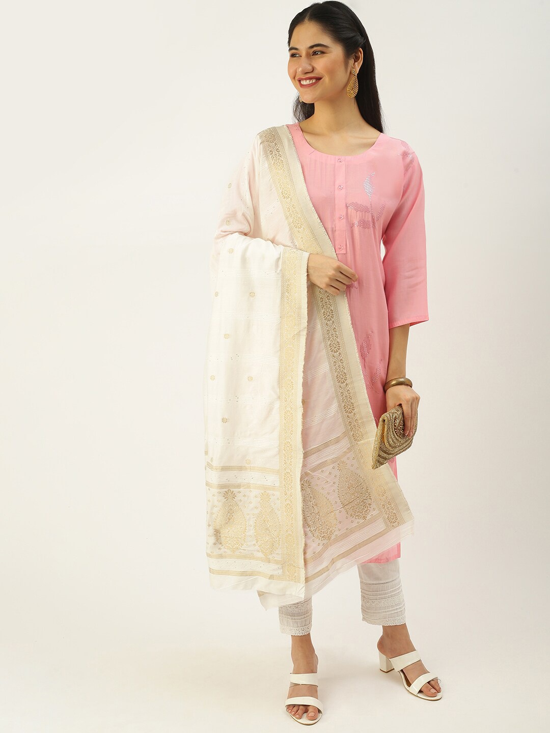 

Sanwara Floral Woven Design Zari Dupatta, White