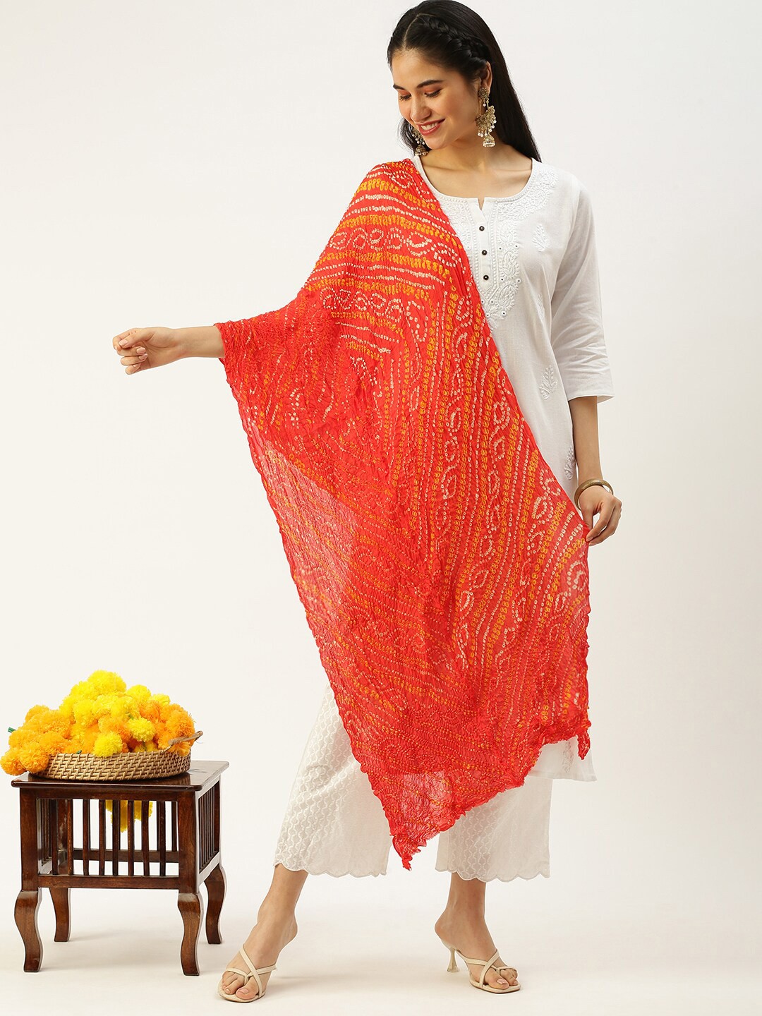 

Sanwara Bandhani Printed Party Dupatta, Red