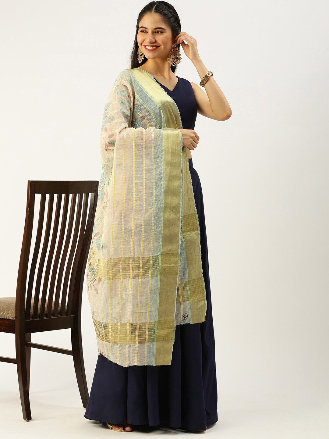 

Sanwara Ethnic Motifs Printed Silk Dupatta, Green
