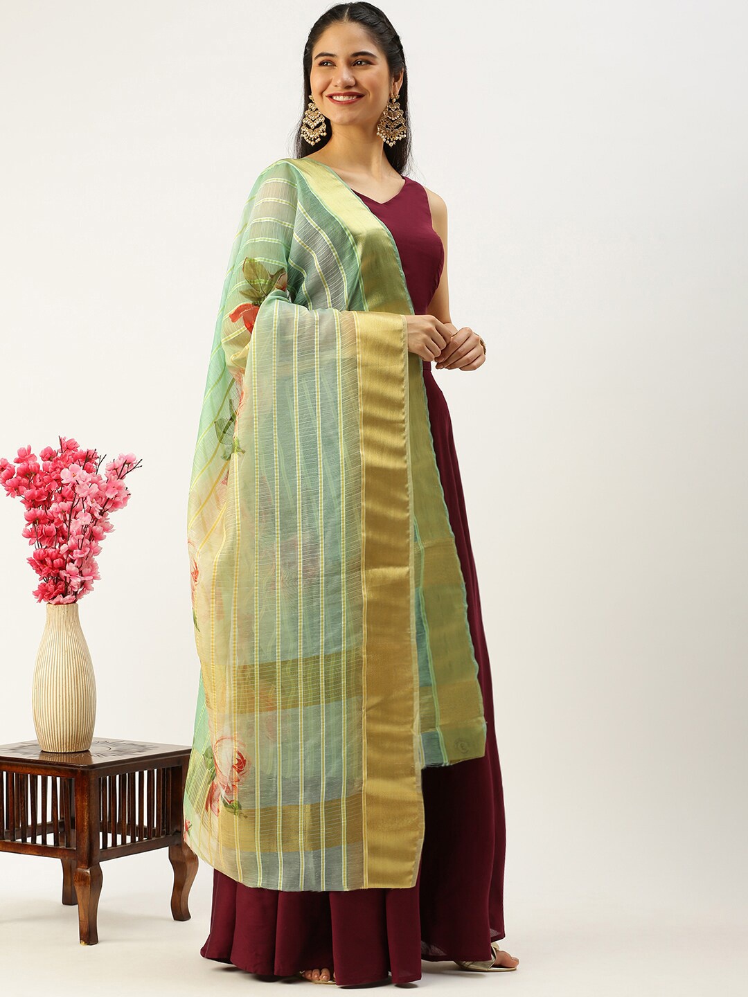 

Sanwara Striped Printed Zari Dupatta, Sea green