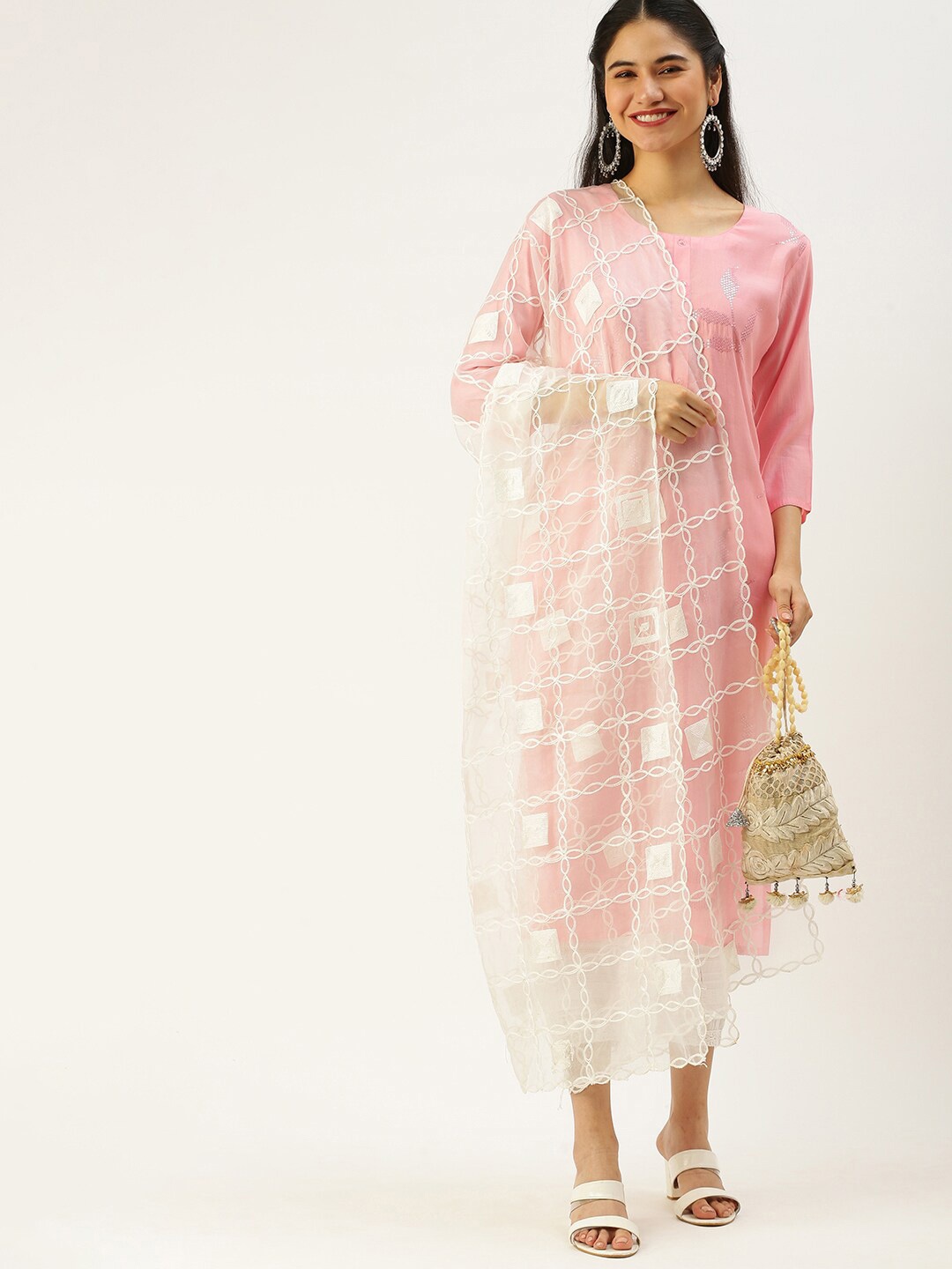 

Sanwara Ethnic Motifs Embroidered Organza Dupatta, White