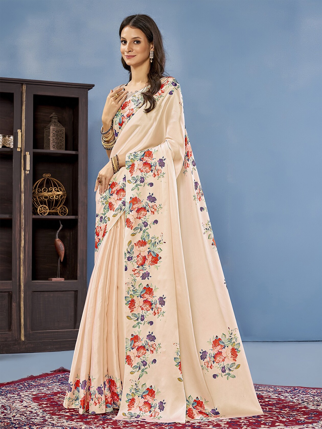 

Anouk Floral Printed Satin Saree, Cream