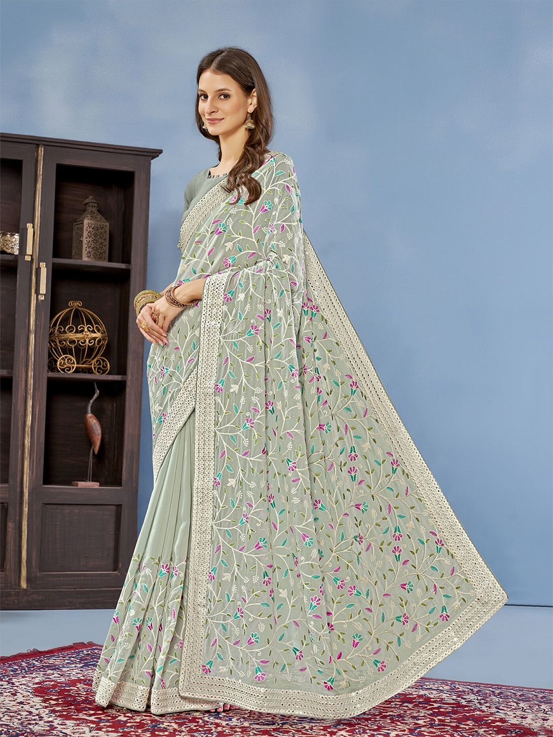 

Anouk Floral Embroidered Poly Georgette Saree, Green