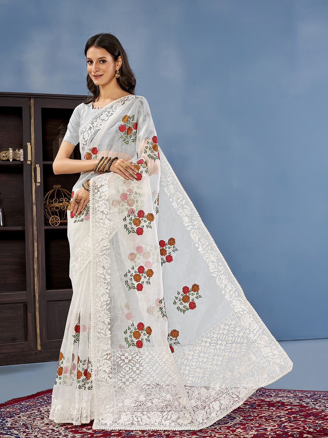 

Anouk Floral Embroidered Organza Saree, White