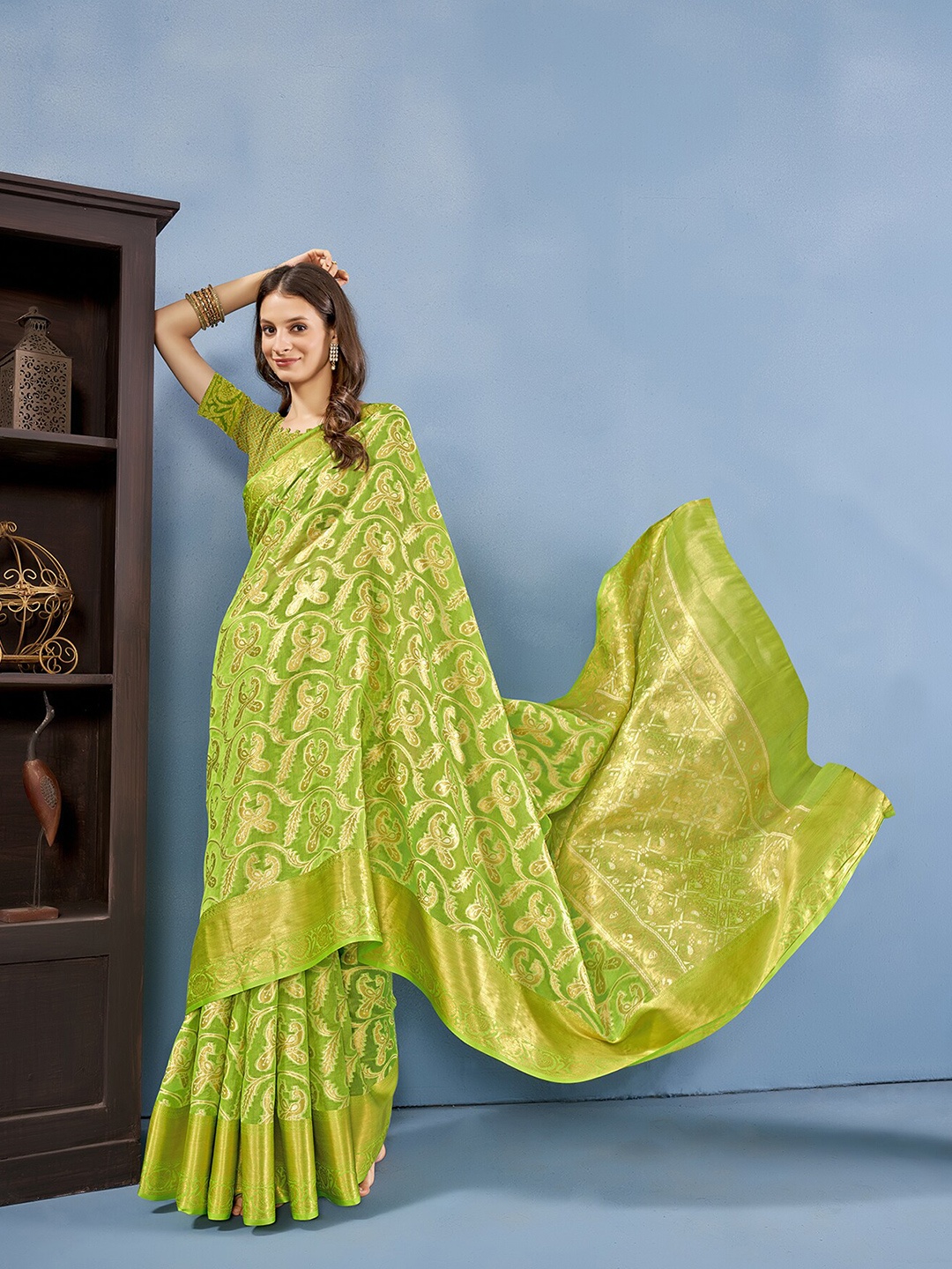 

Anouk Ethnic Motifs Woven Design Zari Kanjeevaram Saree, Green