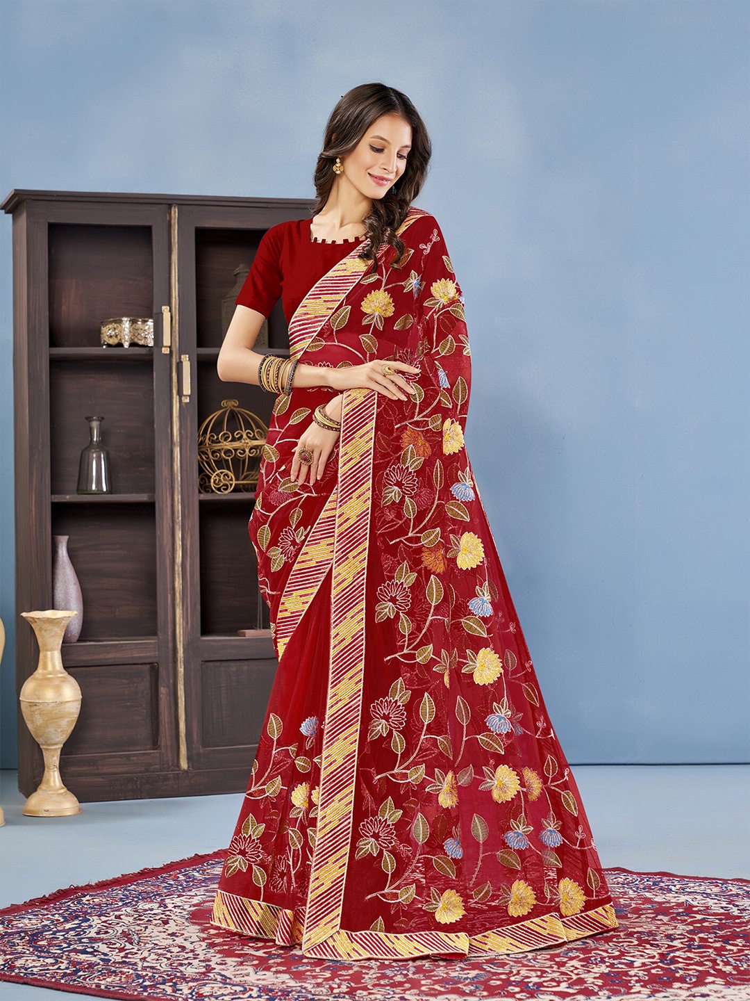 

Anouk Floral Embroidered Net Saree, Maroon