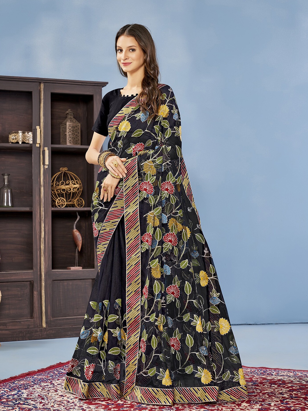 

Anouk Floral Embroidered Net Saree, Black