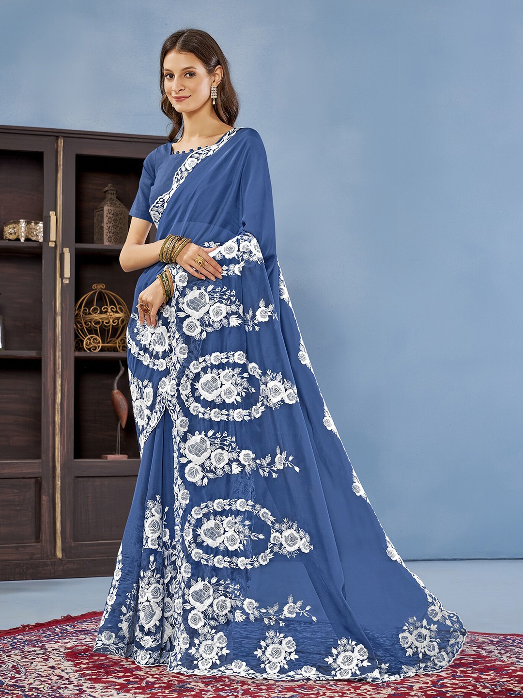 

Anouk Floral Embroidered Organza Saree, Blue