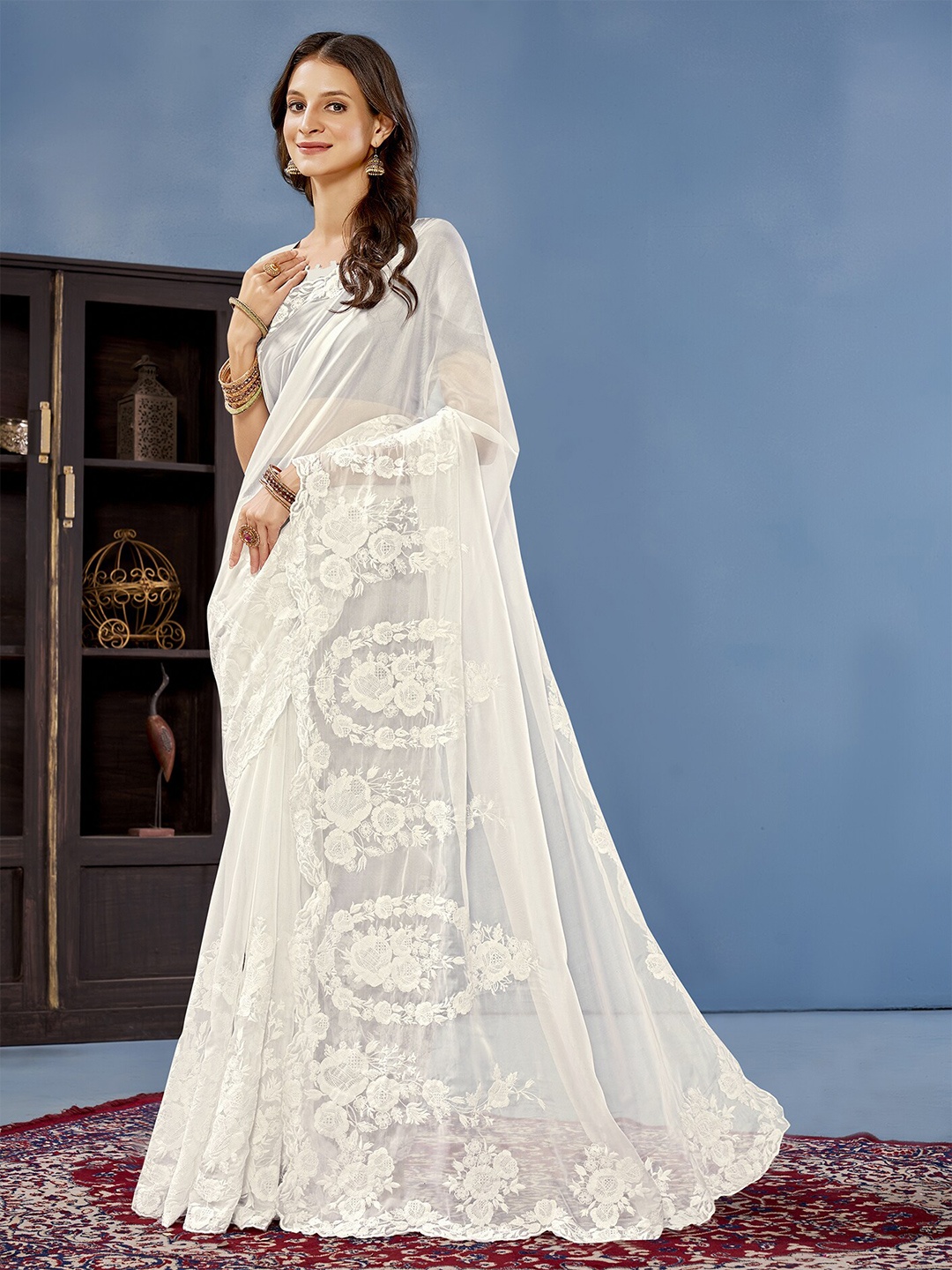 

Anouk Floral Embroidered Organza Saree, White