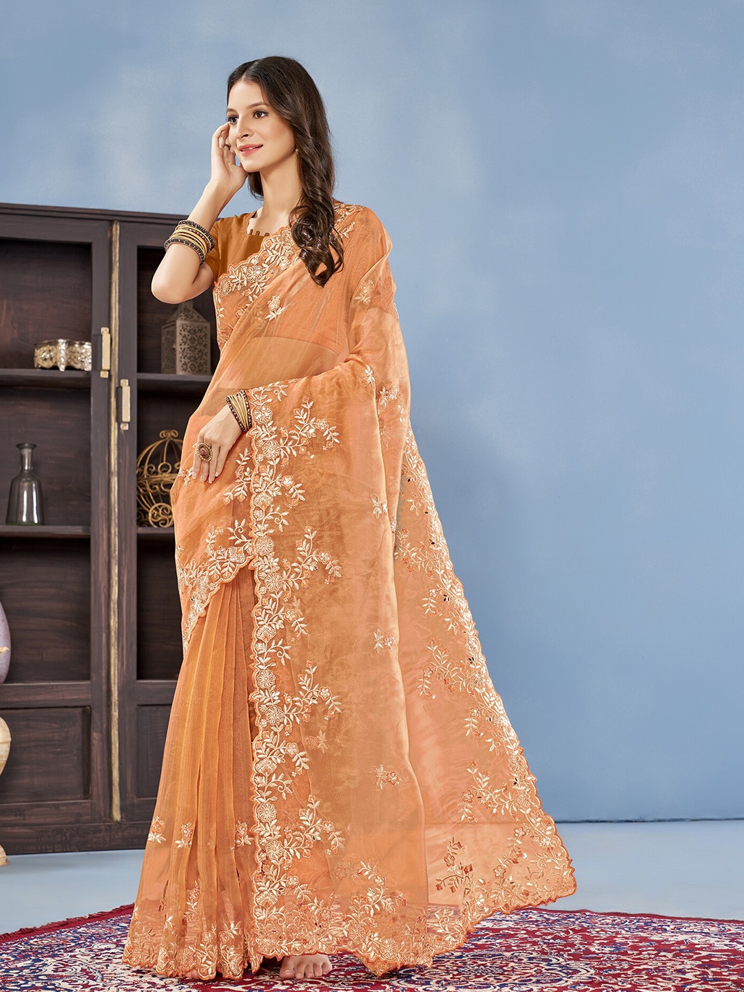 

Anouk Floral Embroidered Organza Saree, Rust