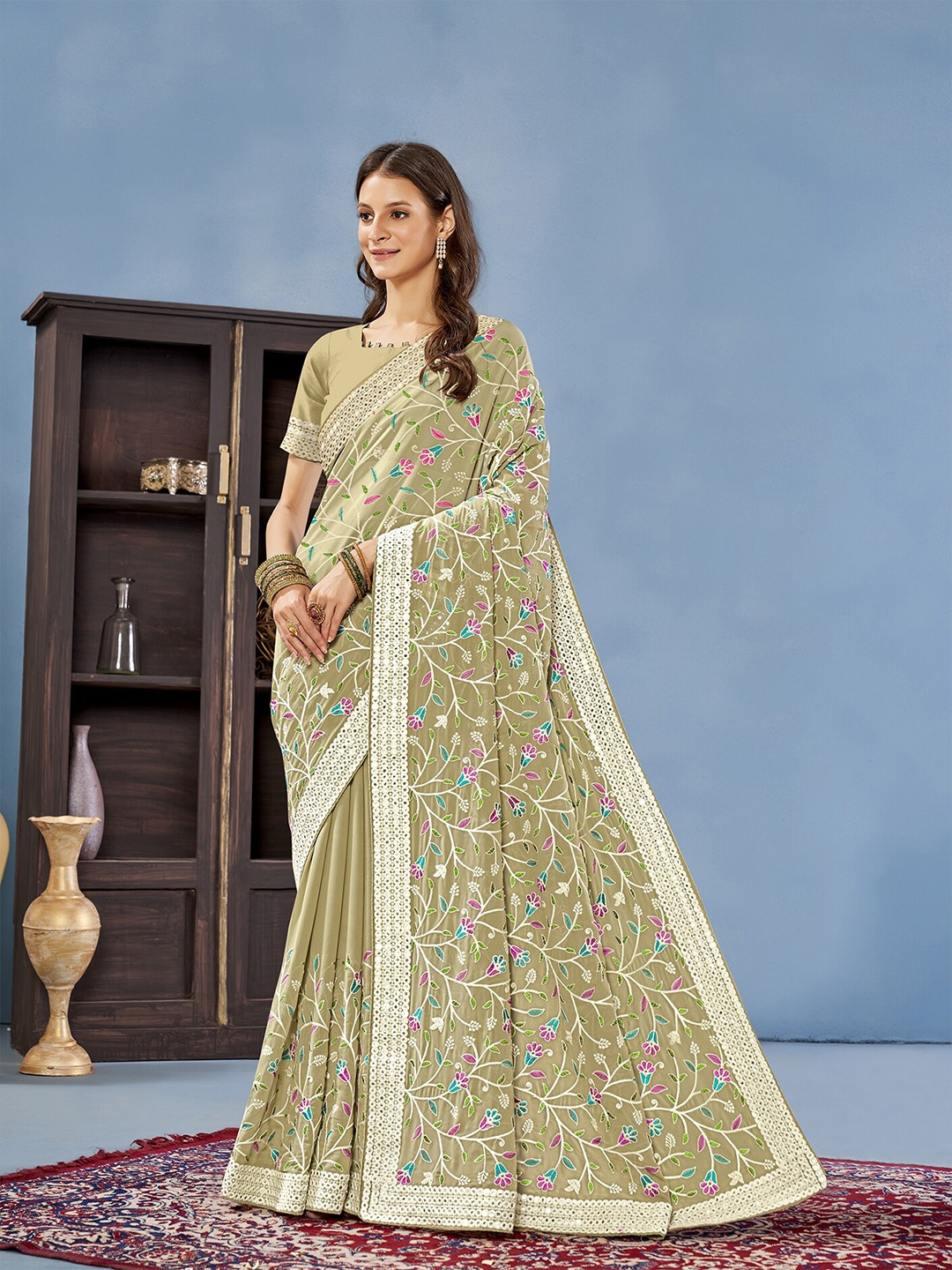

Anouk Floral Embroidered Poly Georgette Saree, Green