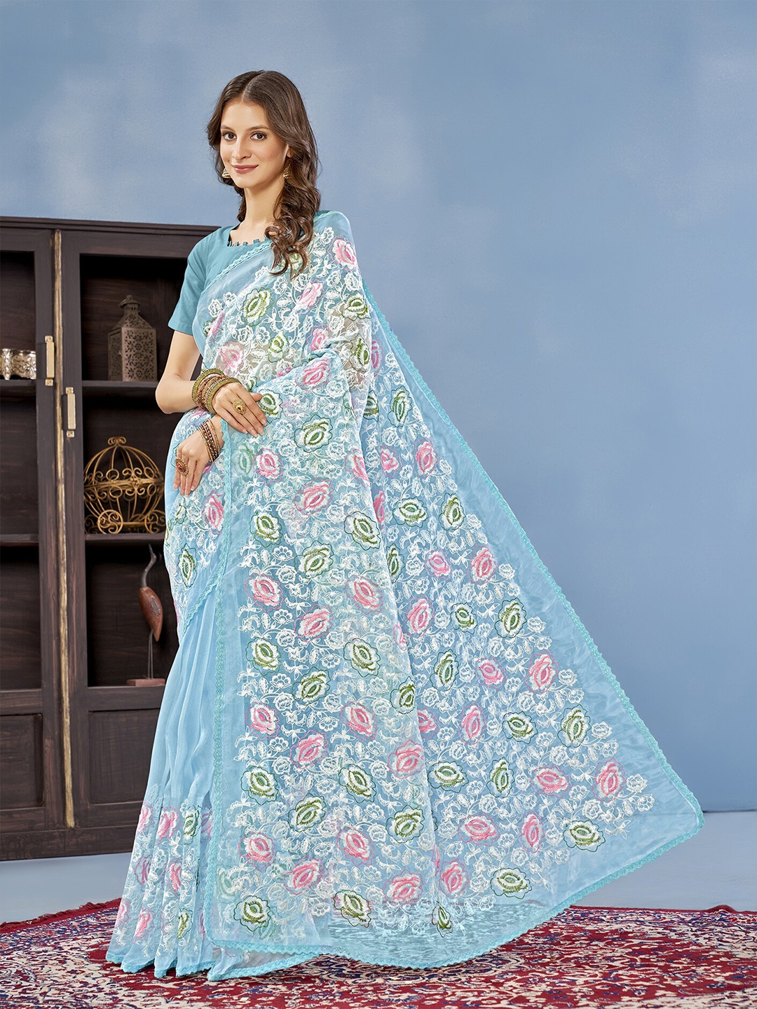 

Anouk Floral Embroidered Organza Saree, Blue