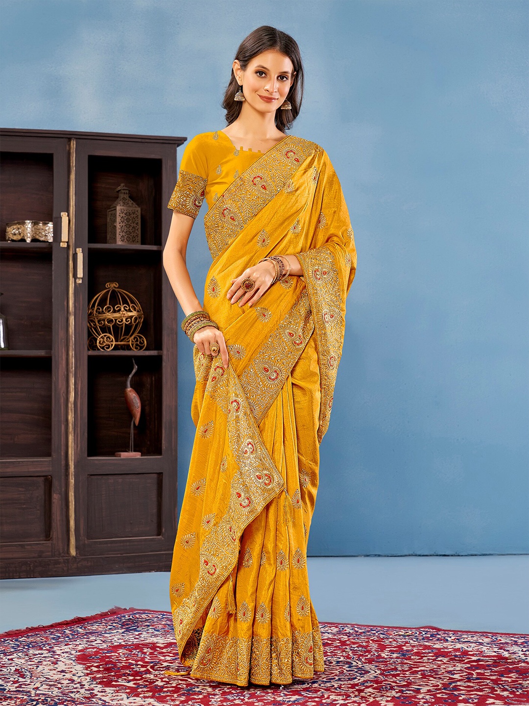 

Anouk Floral Embroidered Saree, Mustard