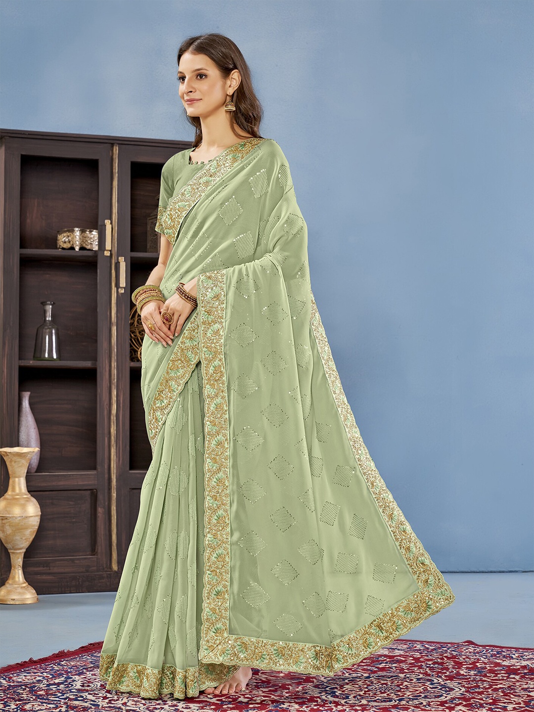 

Anouk Embellished Sequinned Poly Georgette Saree, Sea green