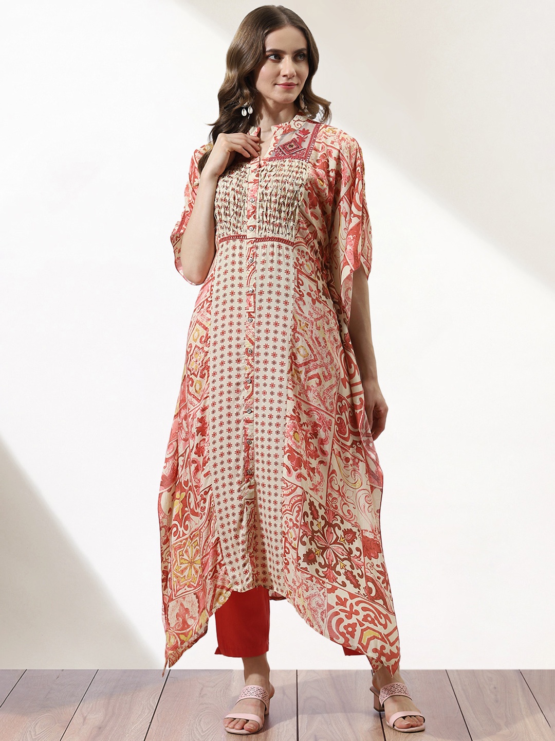

Lakshita Ethnic Motifs Printed Mandarin Collar Pure Cotton Kaftan Kurta, Red