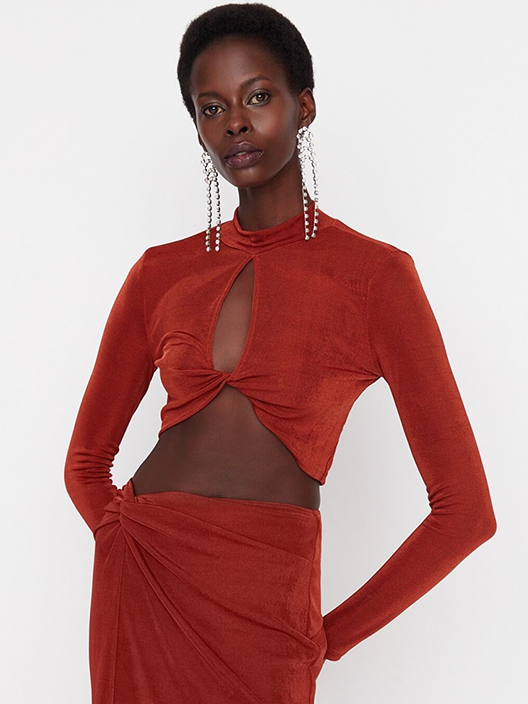 

Trendyol High Neck Cut-Out Detail Crop Top With Skirt, Rust