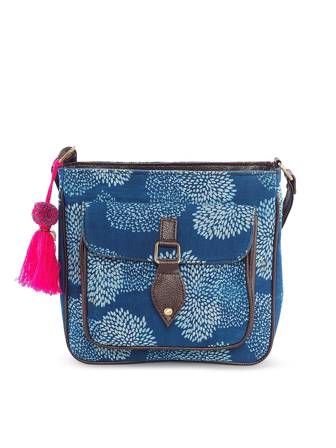 

NEPRI Women Printed Structured Pure Cotton Sling Bag with Tasselled, Blue
