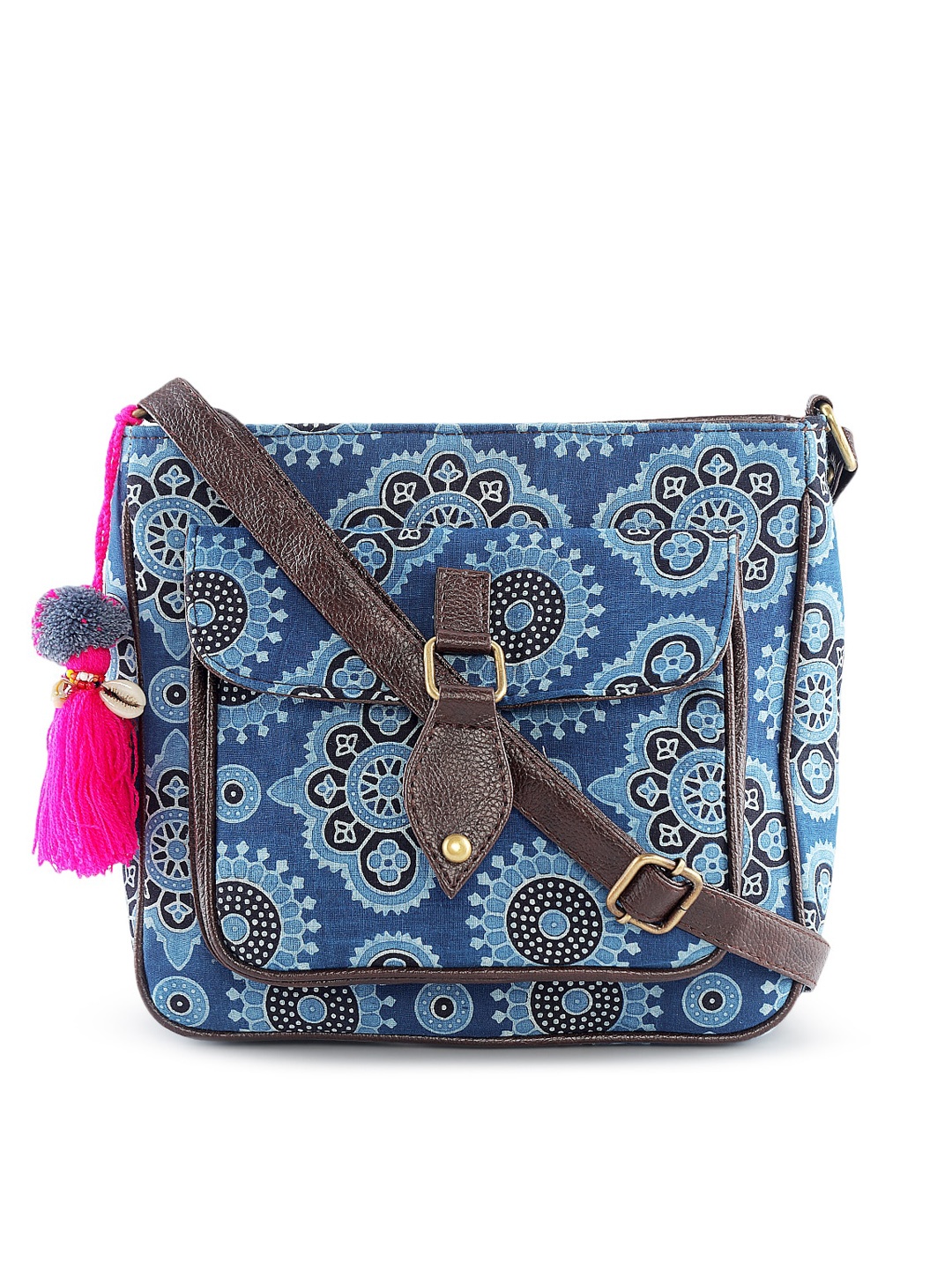 

NEPRI Ethnic Motifs Printed Structured Sling Bag with Tasselled, Blue