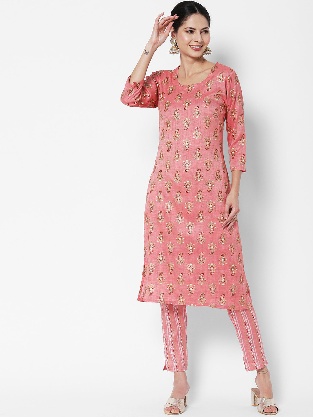 

Vedic Paisley Printed Pure Cotton Kurta With Trousers, Pink