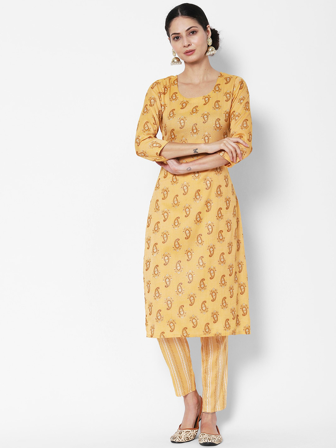 

Vedic Ethnic Motif Printed Pure Cotton Kurta With Trousers, Mustard