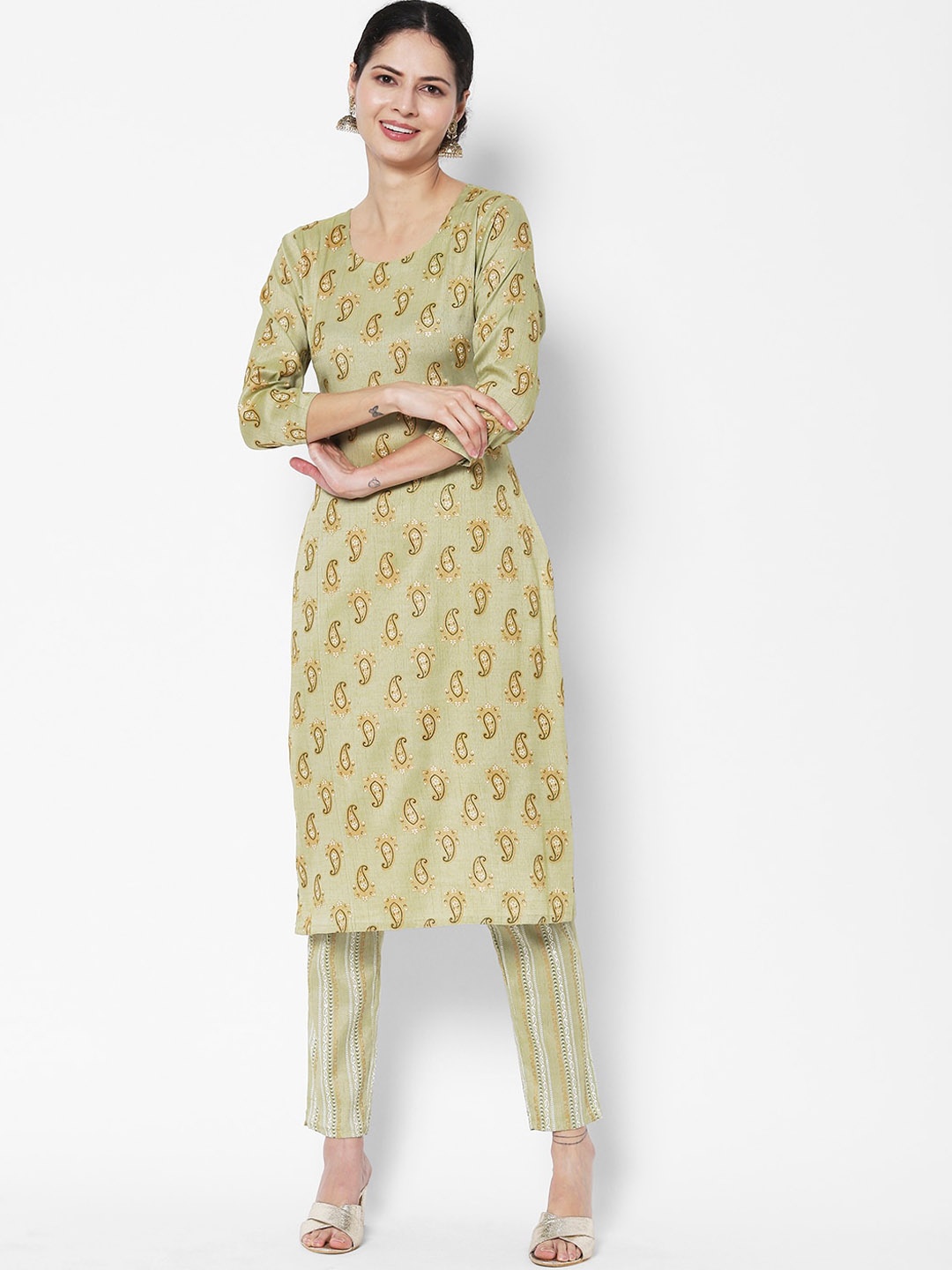 

Vedic Ethnic Motif Printed Pure Cotton Kurta With Trousers, Green