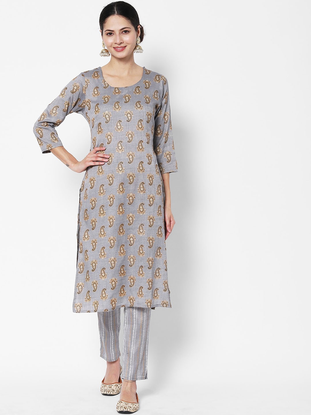 

Vedic Ethnic Motif Printed Pure Cotton Kurta With Trousers, Grey