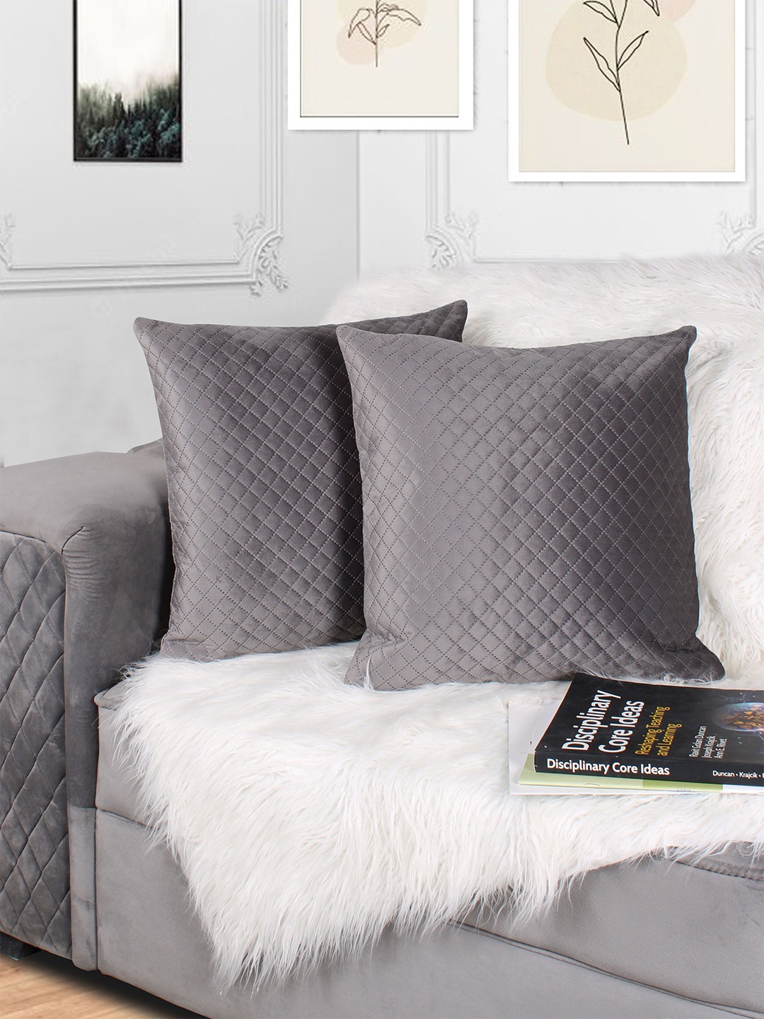 

STITCHNEST Grey 2 Pieces Quilted Velvet Square Cushion Covers